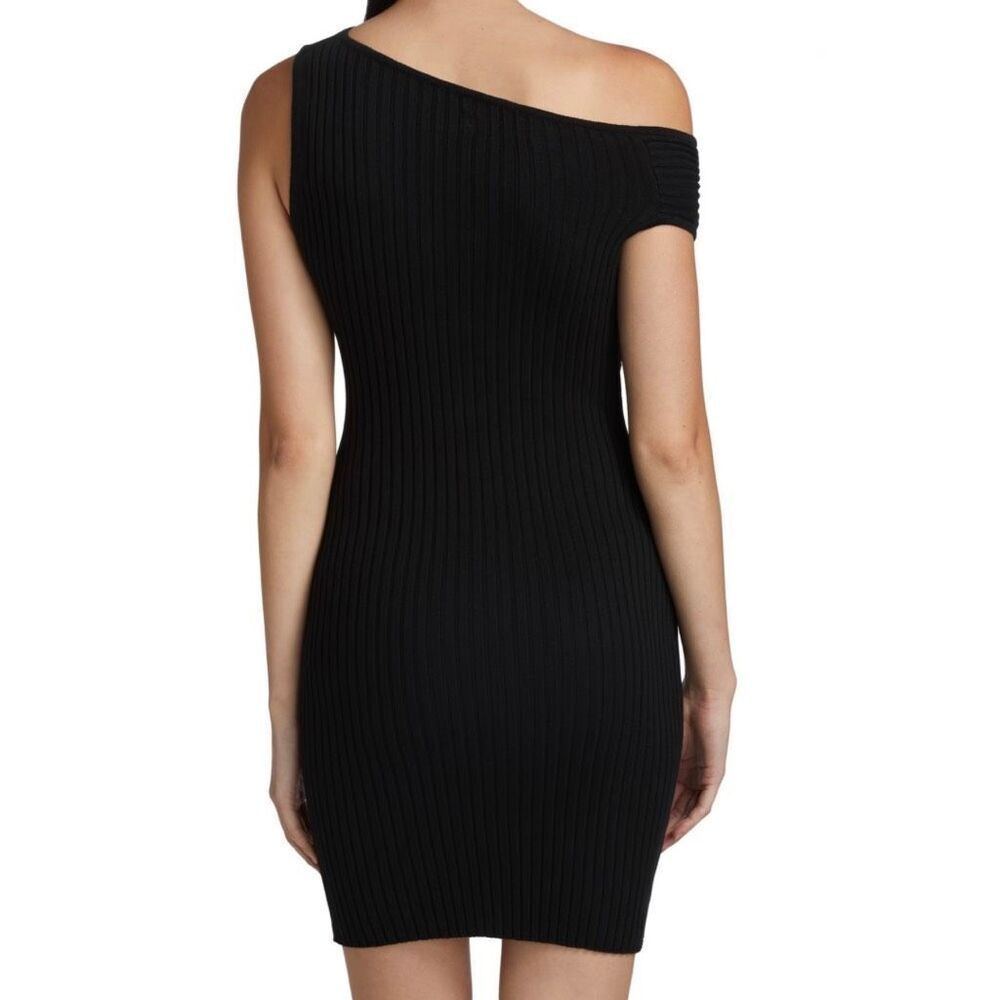 Anna Quan Zali Dress 10 Black Ribbed Knit One Shoulder Cutout Mini Bodycon NWT - Picture 2 of 13